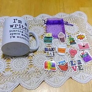 Writer-themed coffee cup and stickers